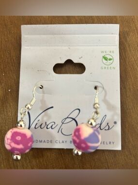 NWT Viva Beads Handmade Colorful Calico Floral Clay Bead Drop Earrings
